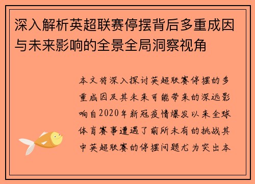 深入解析英超联赛停摆背后多重成因与未来影响的全景全局洞察视角