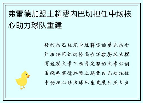 弗雷德加盟土超费内巴切担任中场核心助力球队重建